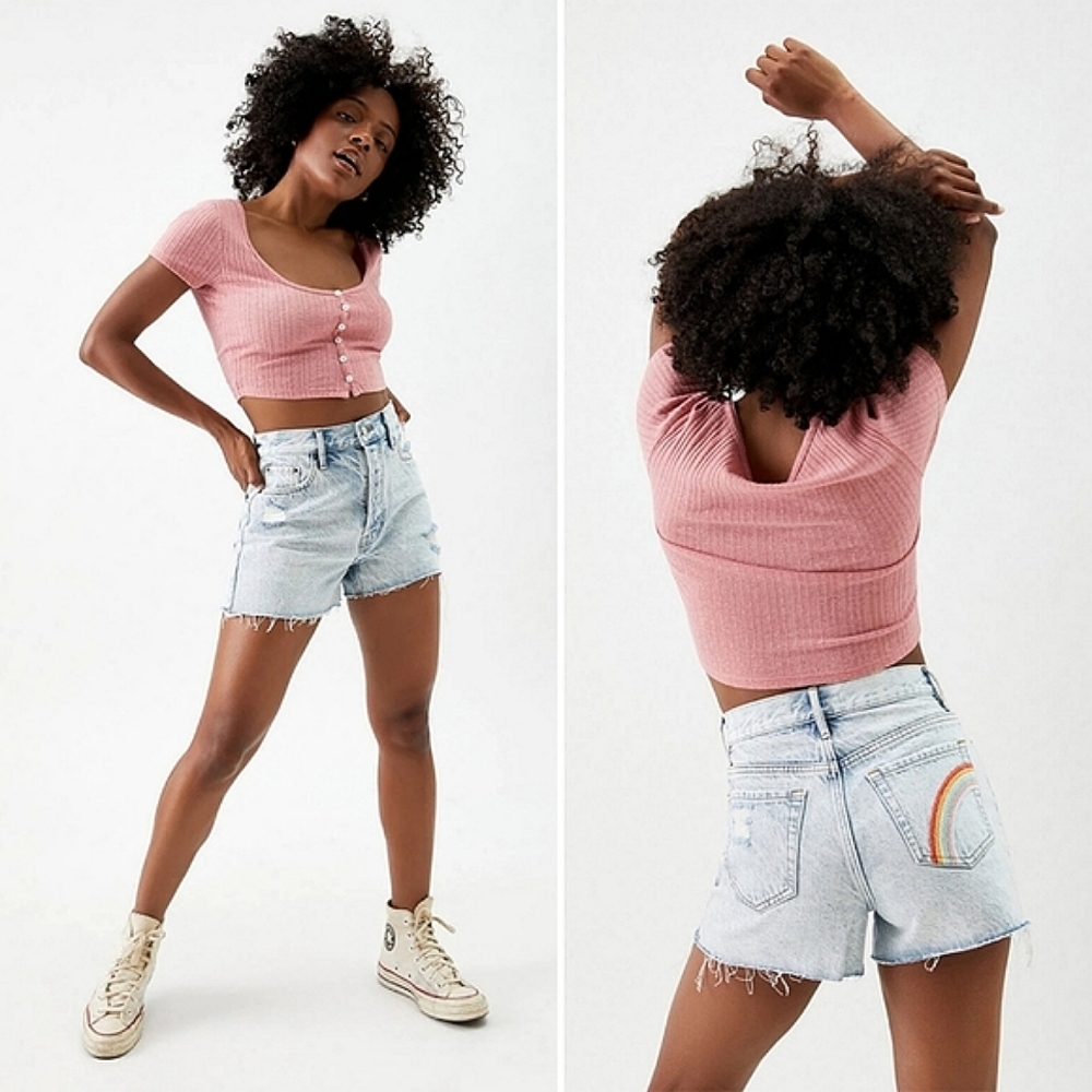 NWT PacSun Rainbow Ultra High Rise Buttonfly Vintage Shorts Distressed Raw Hem